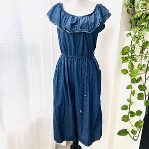 Wrapper Blue Denim 100% Cotton Ruffly Soft Short Jumpsuit Summer Boho Large
